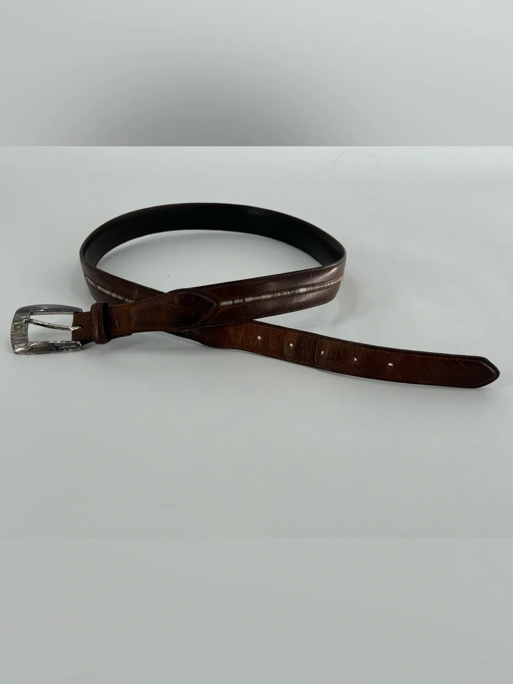 Vintage‎ Brighton Brown Leather Mother of Pearl Beaded Belt 38